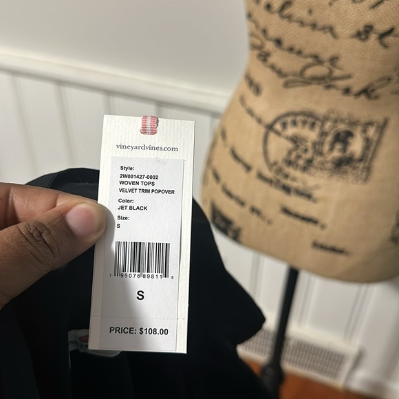 NWT Vineyard Vines Velvet Trim Popover Blouse Jet Black - Picture 7 of 8